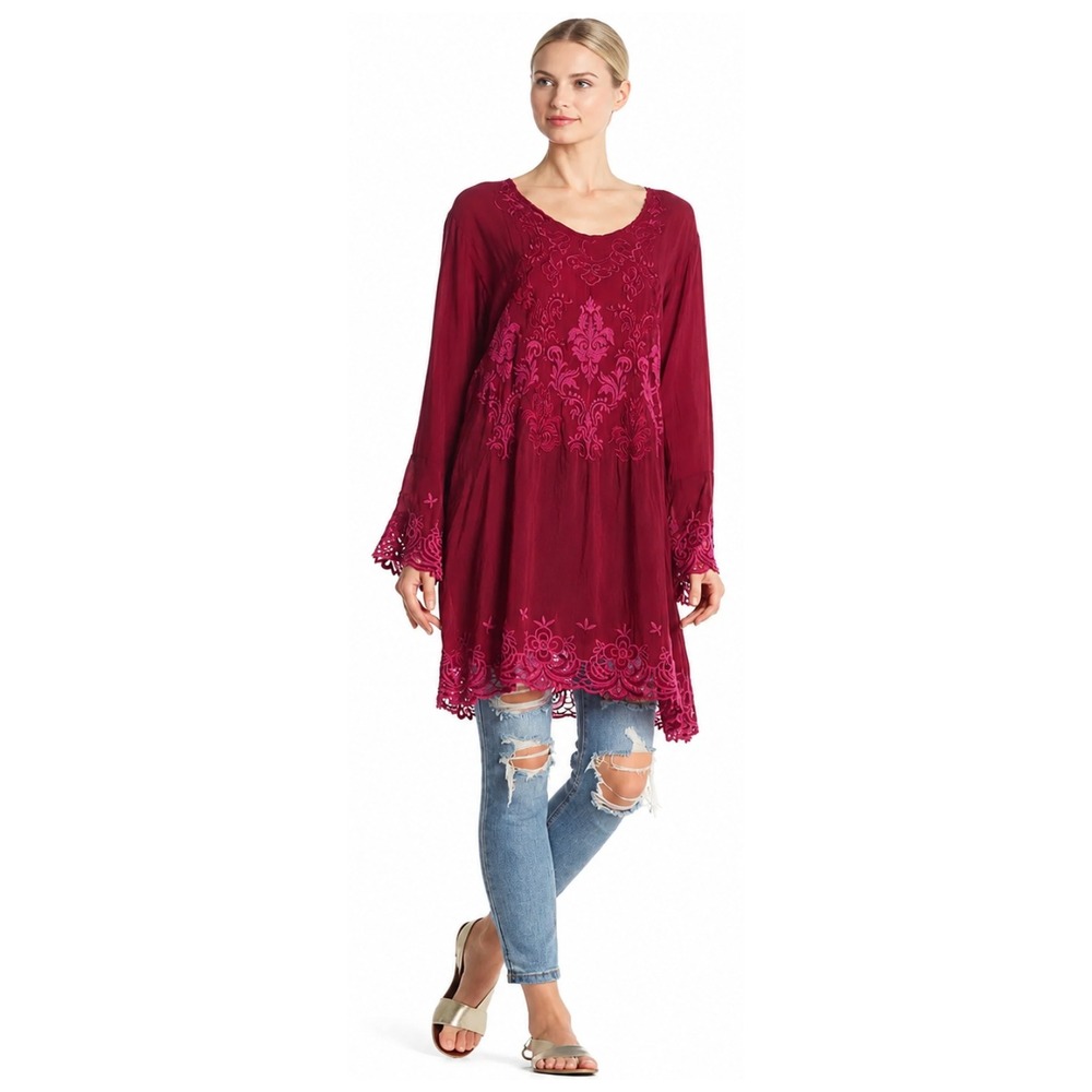 Johnny Was Tunic Top Medium Magenta‎ Robin Embroidered 3/4 Sleeve Scalloped Lace